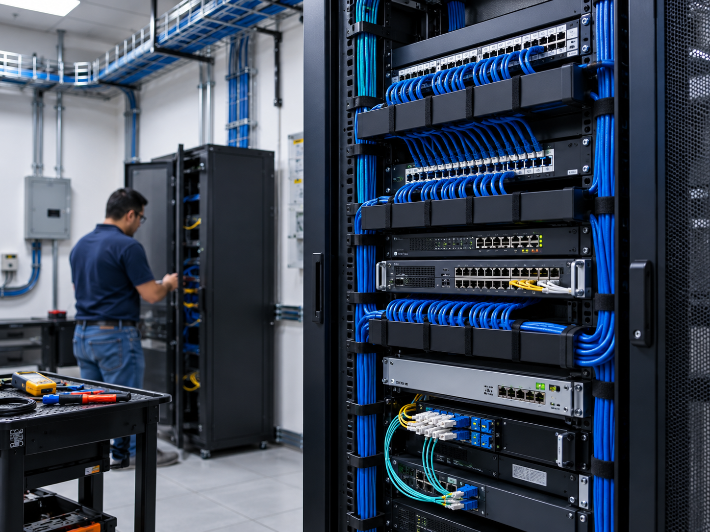Cableado estructurado en rack de comunicaciones empresarial